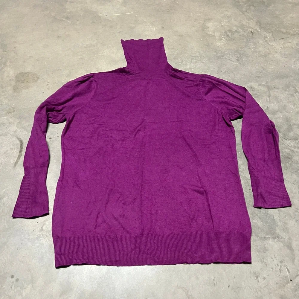 Dialogue Silk Cashmere Blend Turtleneck Sweater Purple Puff Shoulder Women 1X